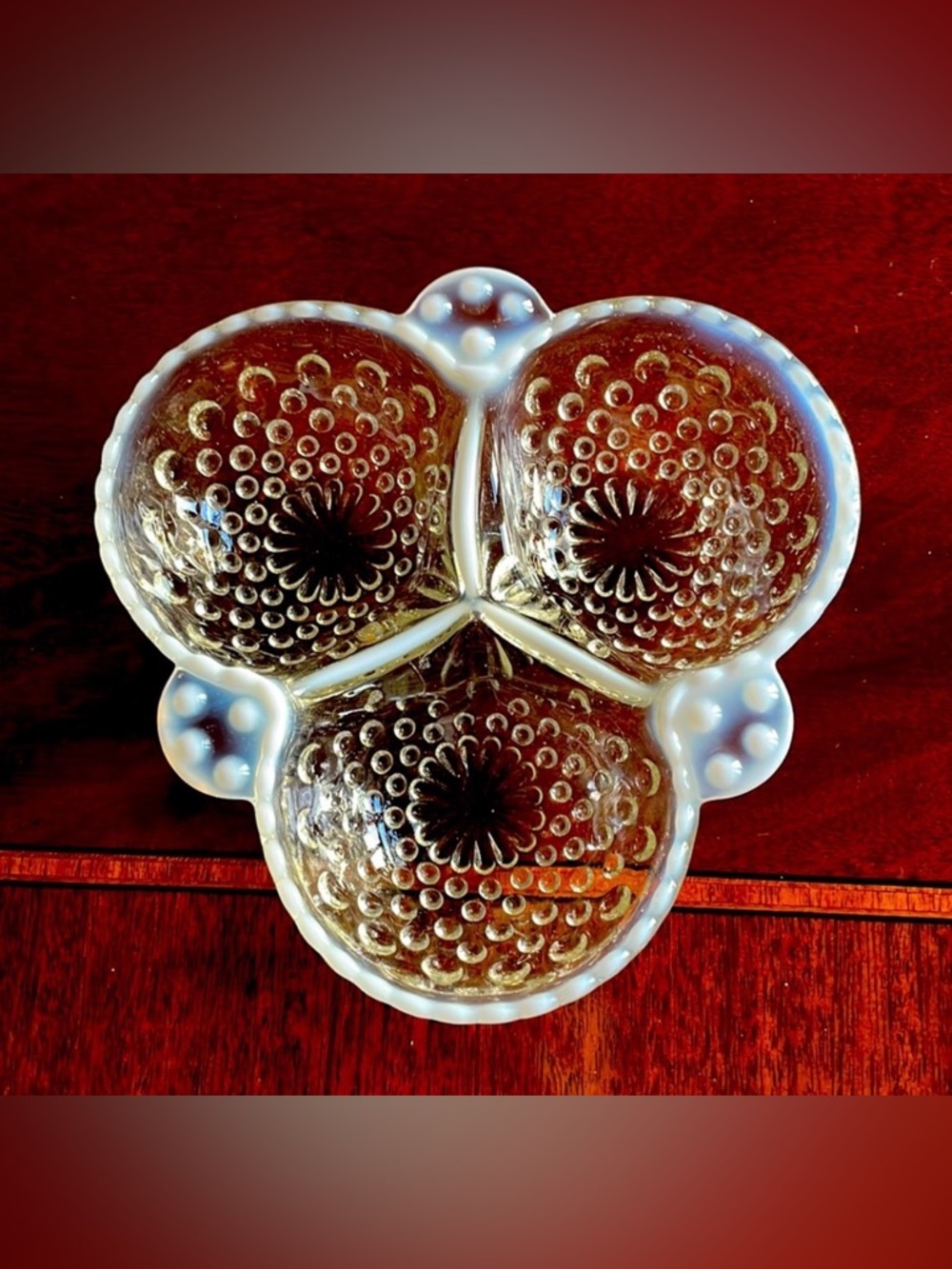 Vintage Anchor Hocking moonstone opalescent hobnob three section divi…